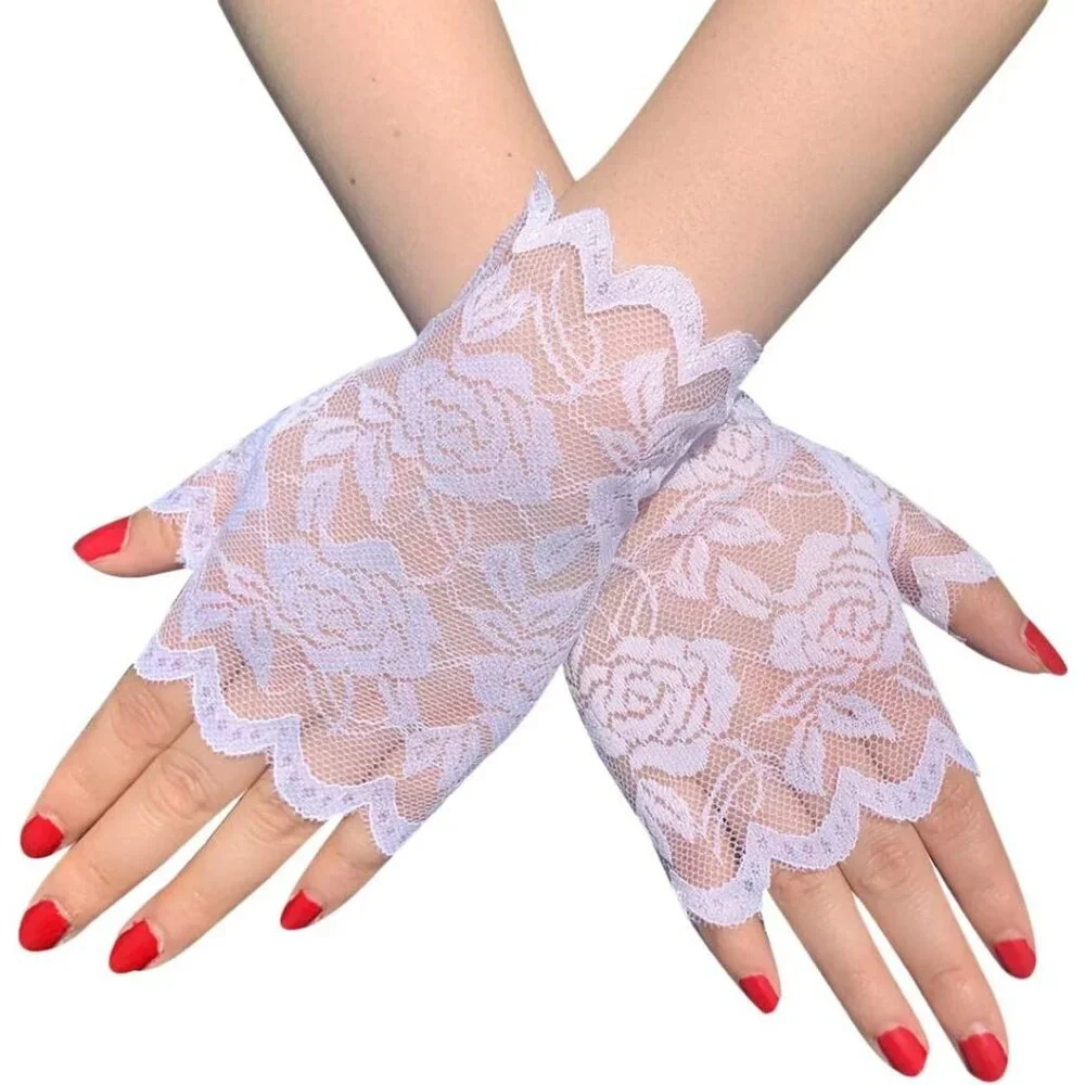Women's Fancy Wrist White Short Lace Half Fingerless Gloves Wedding Party Tea